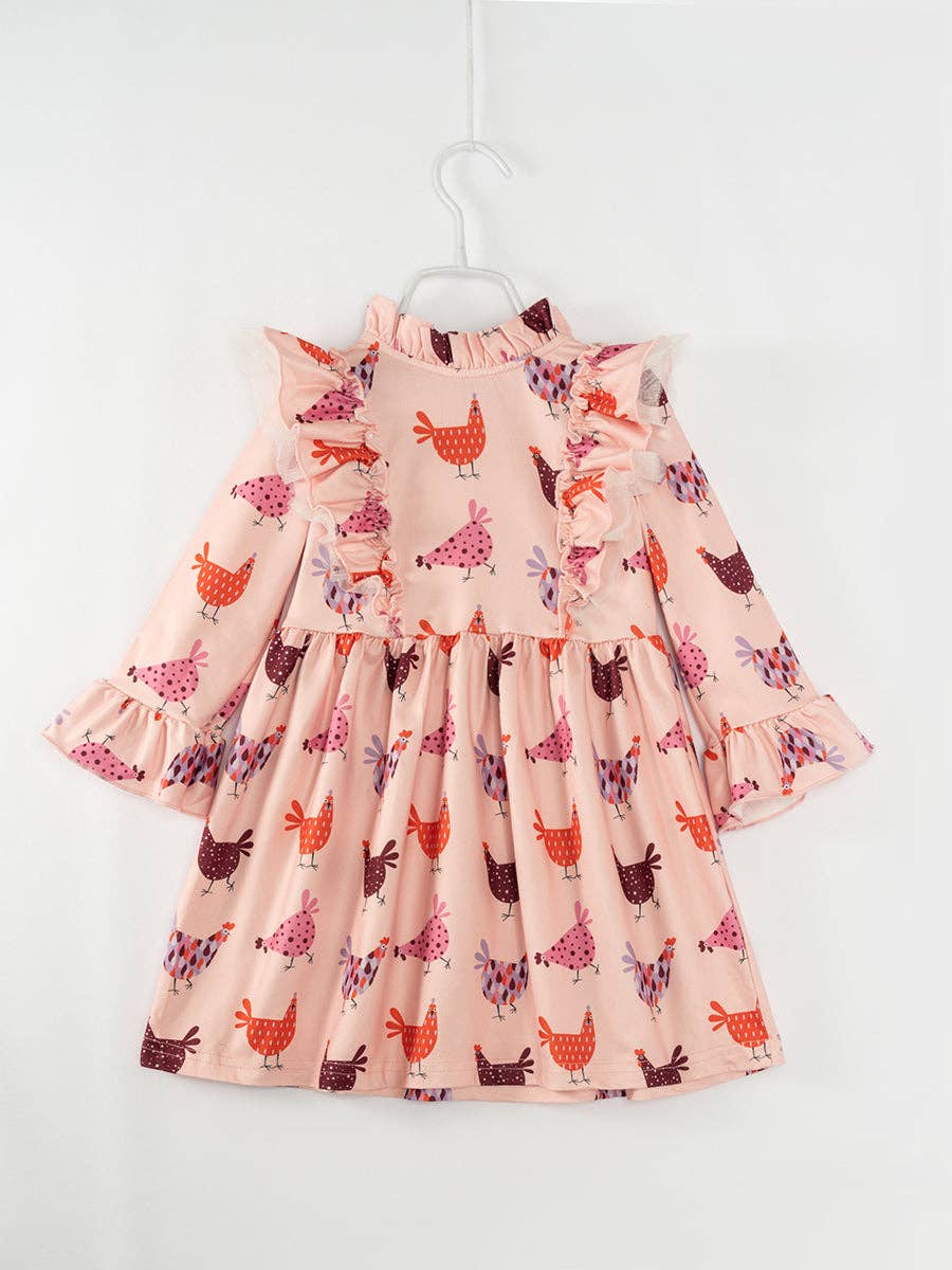 Pink Chickens Ruffle Girl Twirl Dress