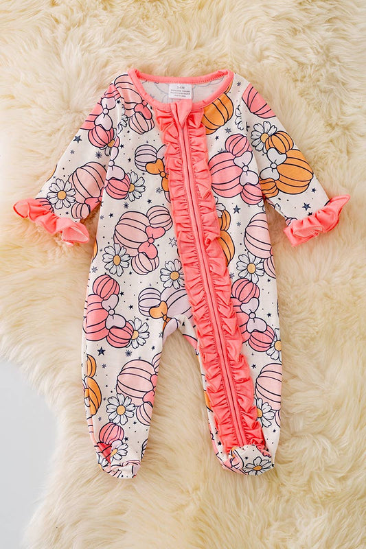 CHARACTER PRINTED PUMPKIN ONESIE WITH RUFFLE.