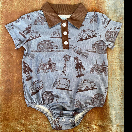 BOYS ONESIE BLUE FARM PRINT POLO